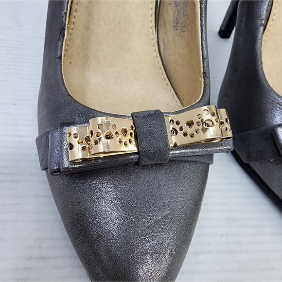 Marilyn Moda Grey Pumps Heels Gold Bow Work Party Cocktails Women's Gift Size 6 - Picture 4 of 10